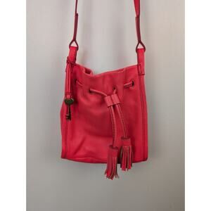 Fossil Purse Neon Pink Leather Bucket Bag Crossbody 9x9" Salmon Drawstring